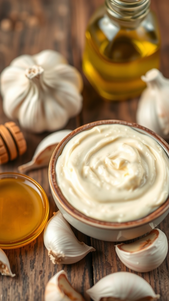 Garlic-infused skincare mask in a bowl with fresh garlic cloves, honey, and olive oil on a wooden table.